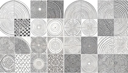 A grid of abstract geometric patterns.  Concentric circles, spirals, and tessellations in shades of gray