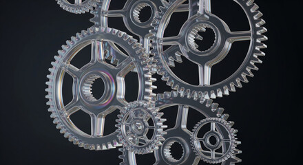 Interlocking Gears of Progress: A close-up view of an intricate arrangement of transparent gears interlocked, representing collaboration, synergy, and the complex mechanics behind innovation. 