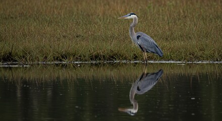Majestic Great Blue Heron in Serene Marsh Reflection