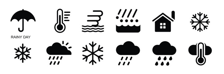 Obraz premium Climate and Weather Icons Collection, Silhouette Vector Set of Sun, Moon, Rain, Storm, Wind, Forecast, Atmospheric Symbols for Navigation, Meteorological Design, and Nature Projects