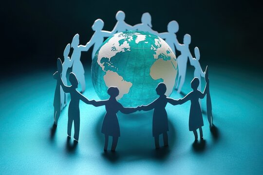 Paper cutout figures holding hands in a circle around a blue globe representing Earth, symbolizing global unity and cooperation in a calm setting