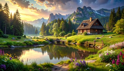 A picturesque mountain landscape showcasing a charming wooden chalet nestled beside a tranquil lake, bathed in the warm hues of a sunrise.