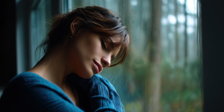 Young woman with closed eyes leaning on window glass with raindrops, feeling calm and peaceful in cozy blue sweater