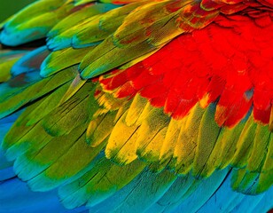 Obraz premium Vibrant plumage; red, yellow, green, and blue feathers overlap