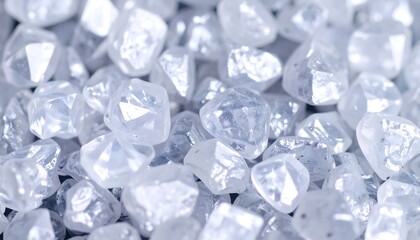 Close-up of a collection of many rough, unpolished, crystalline gemstones, exhibiting multifaceted surfaces. Varying sizes and shapes