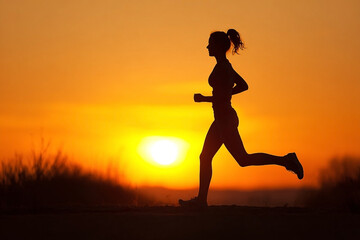 Silhouette of a determined female runner exercising outdoors at picturesque sunrise