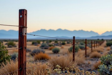 Wide desert landscape with wooden fence posts and barbed wire stretching into the distance, mountain range in the background under clear sky du sunset