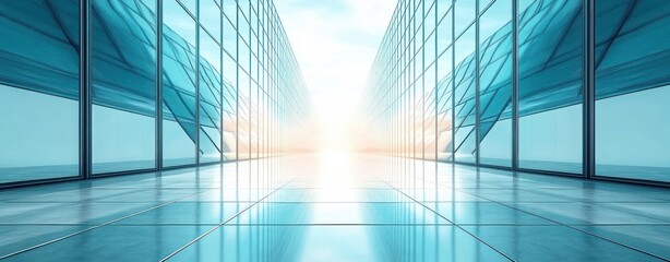 Obraz premium Symmetrical modern glass building corridors converging towards a bright glowing horizon under a clear sky reflecting on shiny tiled floor