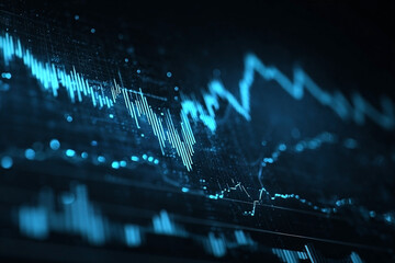 Fluorescent Blue Display Showing Complex Data Visualization and Financial Charts
