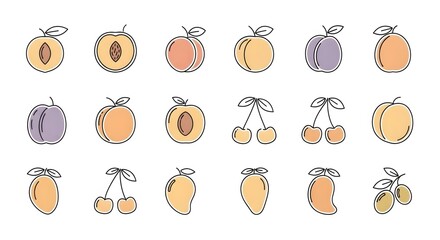 Minimalist Fruit Line Art: Peach Plum Cherry Mango Collection.