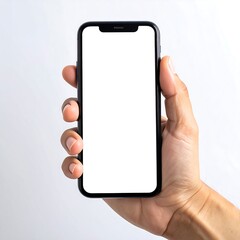 A hand holding a smartphone with a blank white screen against a white background.  A close-up view