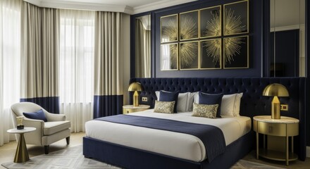 Luxurious modern bedroom with navy blue velvet tufted headboard, gold accents, and elegant cream curtains, featuring abstract gold artwork and stylish furnishings.