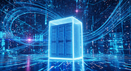 Data Center Illuminated: A striking visual representation of a data center, showcasing the essence of technology, digital transformation, and data storage in a stunning 3D render.