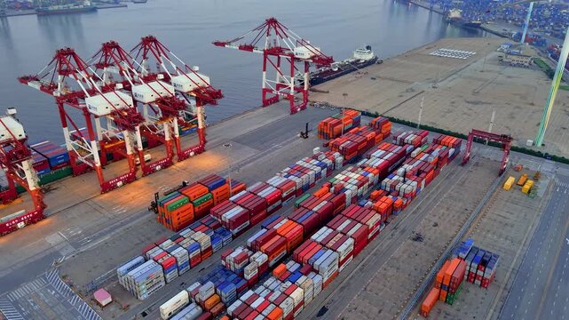 Aerial view of the cargo terminal of Tianjin Port at dusk