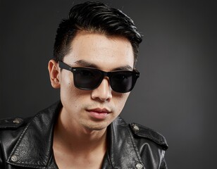 Fototapeta premium Stylish Man in Black Leather Jacket and Sunglasses