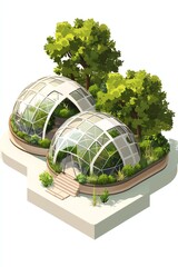 Illustration of futuristic geodesic domes surrounded by lush greenery and trees, showcasing sustainable architecture.
