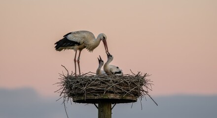 Stork Feeding Chick in Nest on Wooden Pole at Twilight