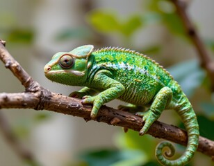 Closeup green chameleon on branch tropical forest wildlife photography natural habitat eye-level dynamic coloration