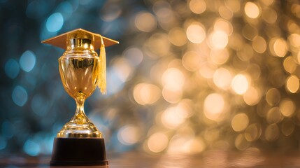 A golden trophy with a graduation cap on top, set against a blurred background of warm bokeh lights