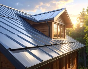 A modern, light-blue metal roof graces a charming wooden home at sunrise, bathed in warm golden light.