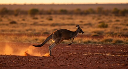 Título: Silhueta de Canguru em Movimento no Pôr do Sol do Outback Australiano