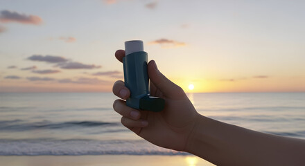 Holding An Asthma Inhaler At The Beach During A Breathtaking Sunset, Representing Health And Freedom In Nature