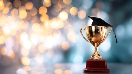 A golden trophy with a graduation cap on top, set against a blurred background of warm bokeh lights