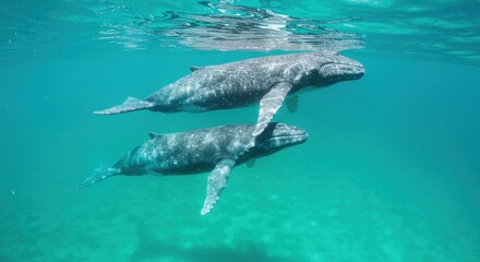 Vínculo entre madre y cría de ballena en océano turquesa