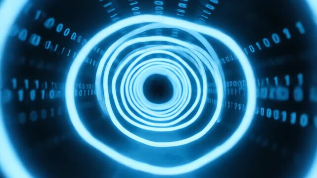 Technological seamlessly looping light tunnel with binary code patterns subtly emerging and dissolving within blue light beams digital, corporate, technological seamlessly looping light tunnel