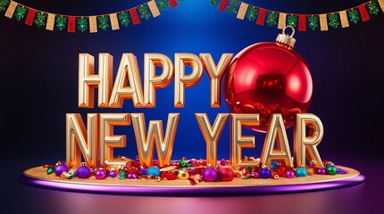 Happy New Year 3D Text in Shiny Gold Color on Festive Celebration Event Background, Modern 3D Cartoon Illustration Style for Holiday Greeting, Party Design, Decorative Banner and Seasonal Artwork