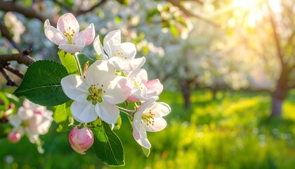 Fototapeta premium Spring blossoms in a sunlit orchard garden