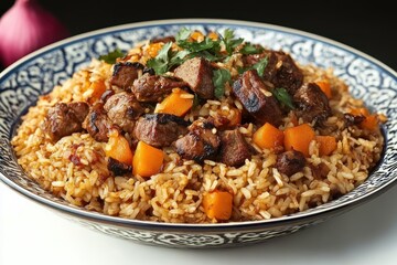 Close-up of a bowl of cooked rice mixed with grilled meat cubes and orange vegetable chunks, garnished with fresh green herbs against a dark background