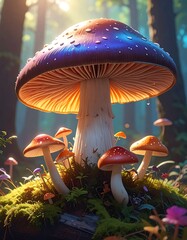 A vibrant, large mushroom with a captivatingly colored cap dominates the scene, surrounded by smaller mushrooms in a lush, mossy forest.