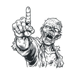 Zombie character pointing for Halloween design. Vector hand drawn illustration

