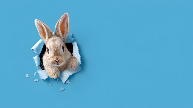 A cute rabbit peeking through a torn blue paper background.