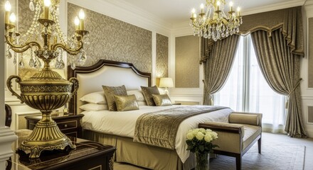 Opulent Bedroom Interior with Golden Decor, Crystal Chandeliers, and Classic Traditional Furnishings
