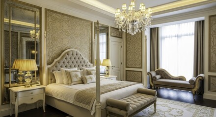 Luxurious Master Bedroom Interior Design with Elegant Tufted Bed, Ornate Gold Wall Panels, Crystal Chandelier, and Chaise Lounge, Creating a Grand and Sophisticated Atmosphere