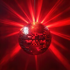 Shiny disco ball reflecting vibrant red light rays in a dark room creating a dynamic party atmosphere