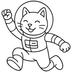 black and white line art drawing of a happy cartoon cat astronaut in a spacesuit, running or floating in a zero-gravity pose.