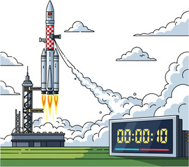 rocket launch with countdown timer, flames, and smoke