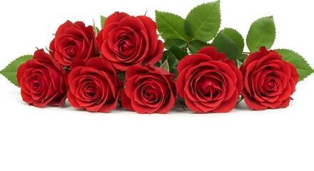 Obraz premium A Lush Bouquet of Seven Vibrant Red Roses with Green Leaves