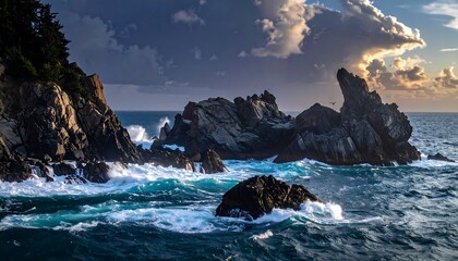 Dramatic coastal scenery showcasing powerful waves crashing against jagged rocks under a dramatic sky.