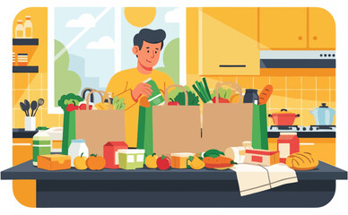 Vector lifestyle illustration of a person unpacking groceries 