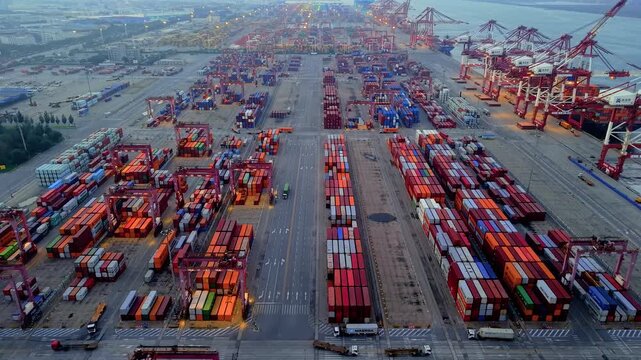 Aerial view of the cargo terminal of Tianjin Port at dusk