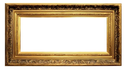 Ornate golden picture frame with intricate designs isolated on white background