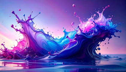 A vibrant explosion of color, showcasing dynamic paint splashes in a dramatic wave form against a serene backdrop.