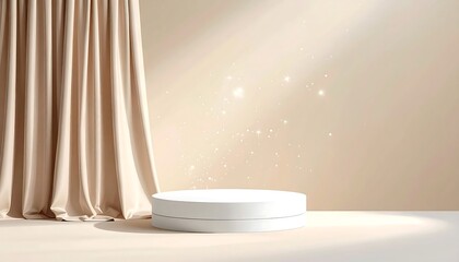 A simple, elegant display featuring a round, white pedestal against a soft beige backdrop.