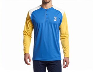 Fototapeta premium A long-sleeved blue and yellow baseball shirt with number 3 on the chest against white background