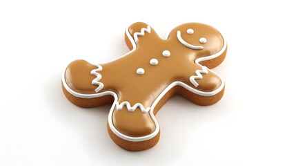 A cute gingerbread man figurine with a smiling face, wearing a red bow tie and white buttons, set against a white background