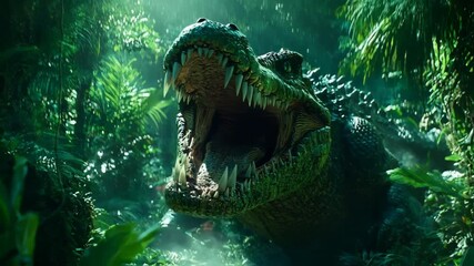 Terrifying Prehistoric Predator: A Massive T-Rex Unleashes a Mighty Roar in the Misty Rainforest. - Powered by Adobe